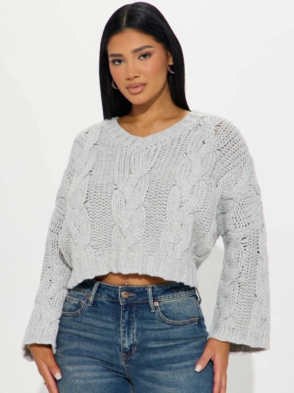 Altar’d State Gray Womens Cable Knit Cropped Sweater M Chunky 90s Oversized Y2K